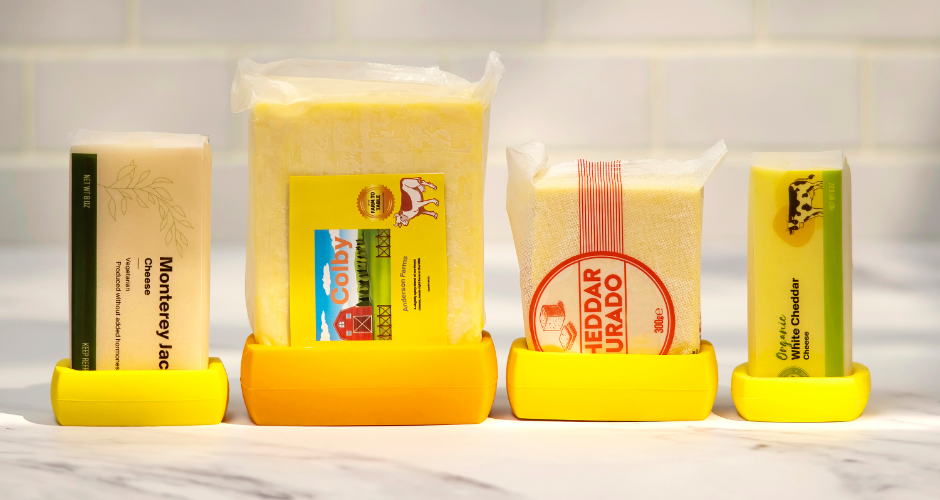 Load video: A short video that shows a variety of cheeses being saved in silicone cheese huggers.